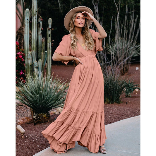 Tiered Vintage Pleated Solid Deep V-Neck Short Sleeve Maxi Dress