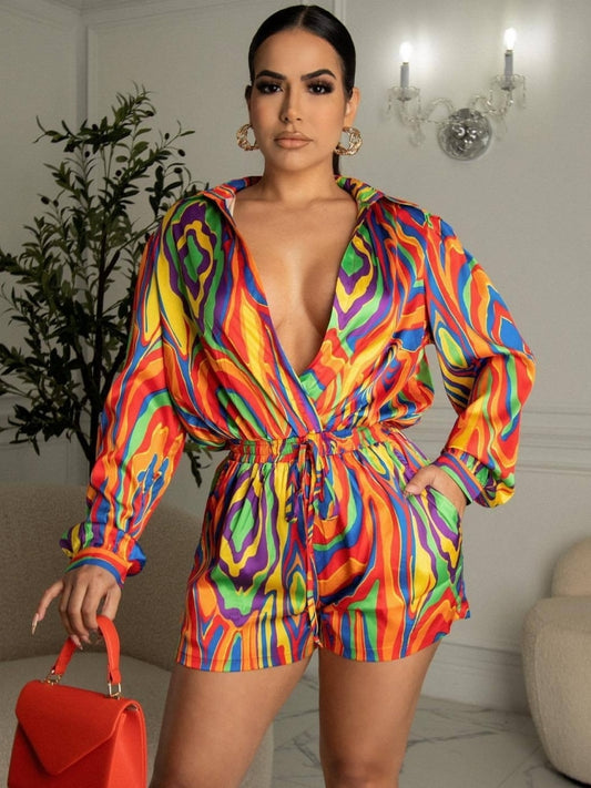 Rainbow Multicolored Long Sleeve Shorts Romper