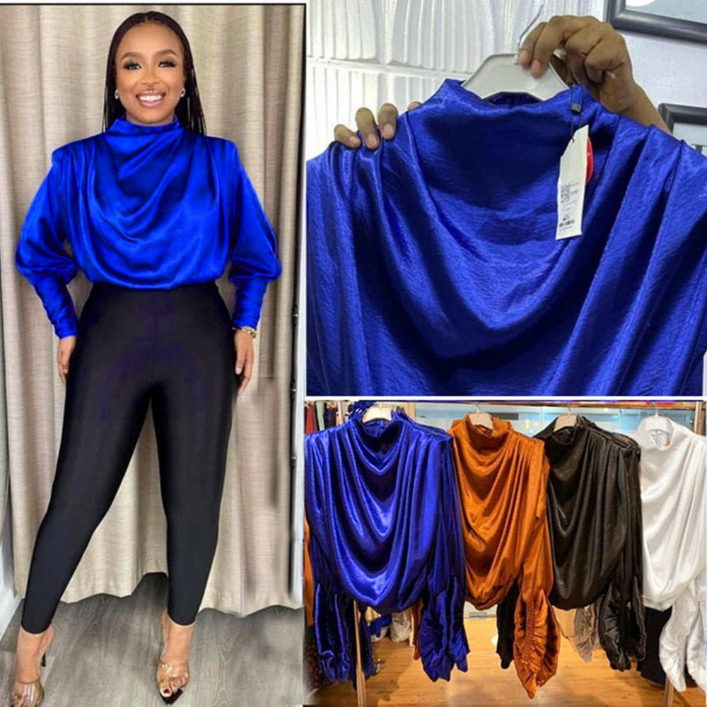 Draped Satin Women's Long Sleeve Blouse