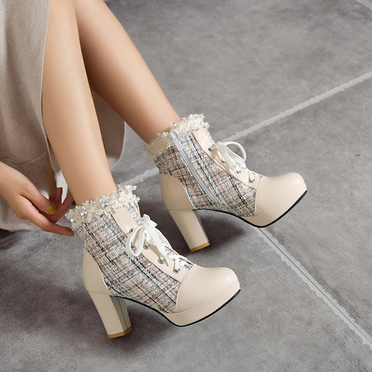 Tweed Plaid Square High Platform Tweed Lace-Up Ankle Boots