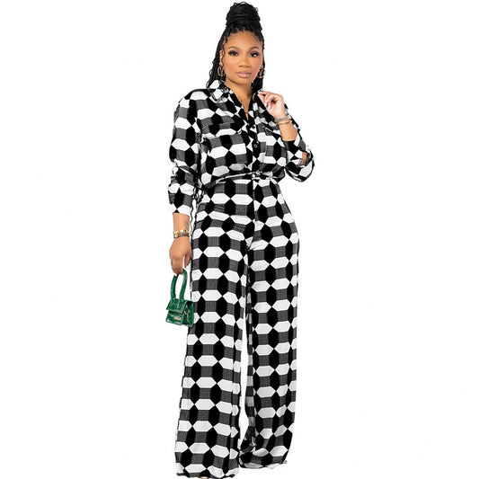 Checkered Plaid Print Long Sleeve Blouse + Matching Pants Women's Suit