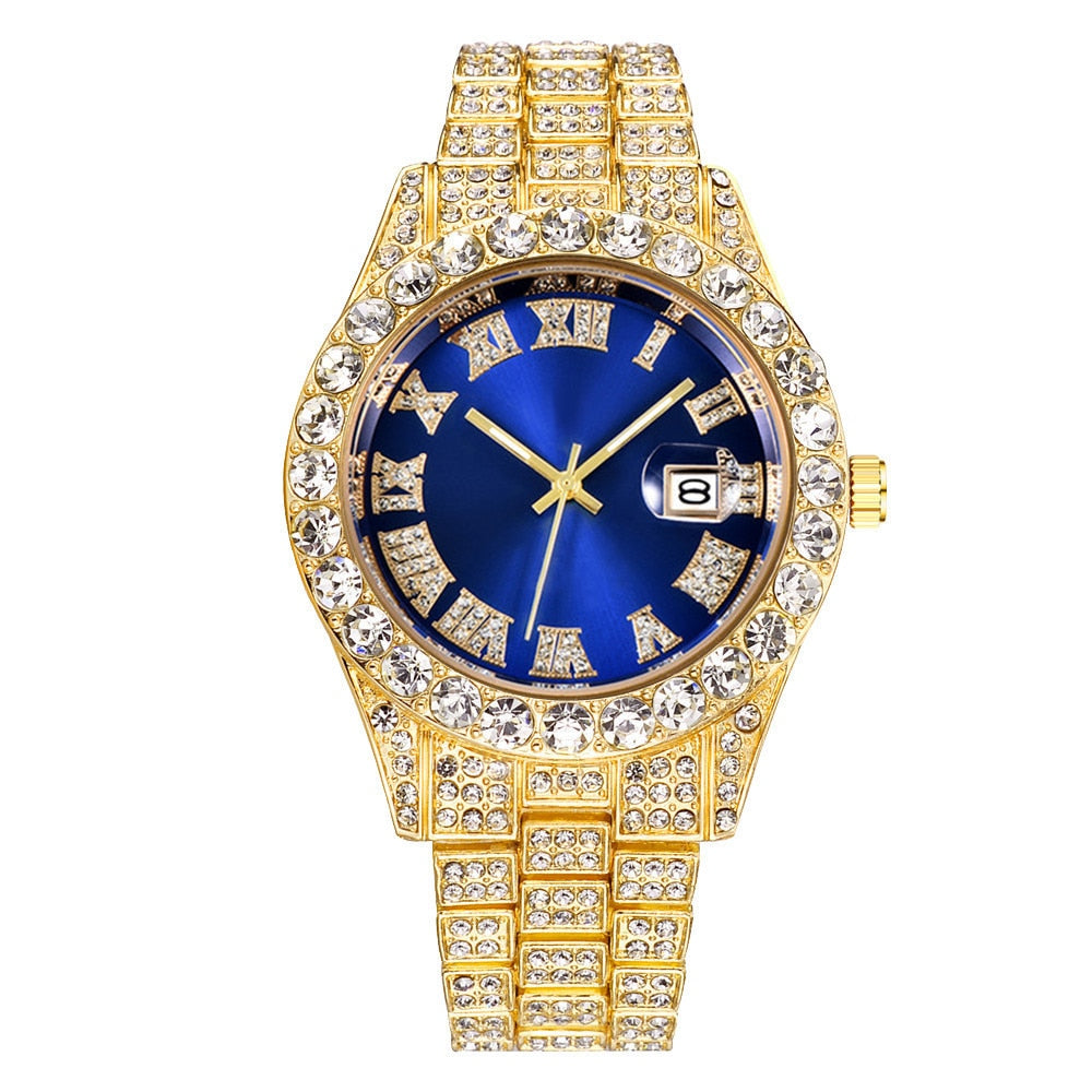 Colored Iced Out Full Diamond Around Luxury Quartz Men's Watches Silve