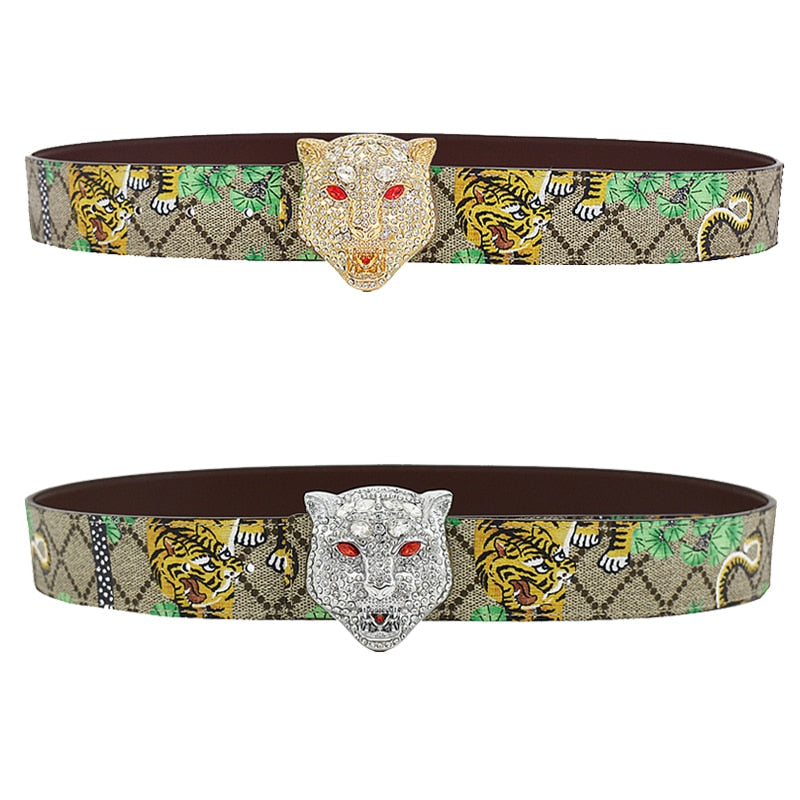 Unisex Gold/Silver Tiger/Dragon/Eagle/Butterfly Pattern Alloy Smooth Buckle Diamond Leopard Head Leather Belts