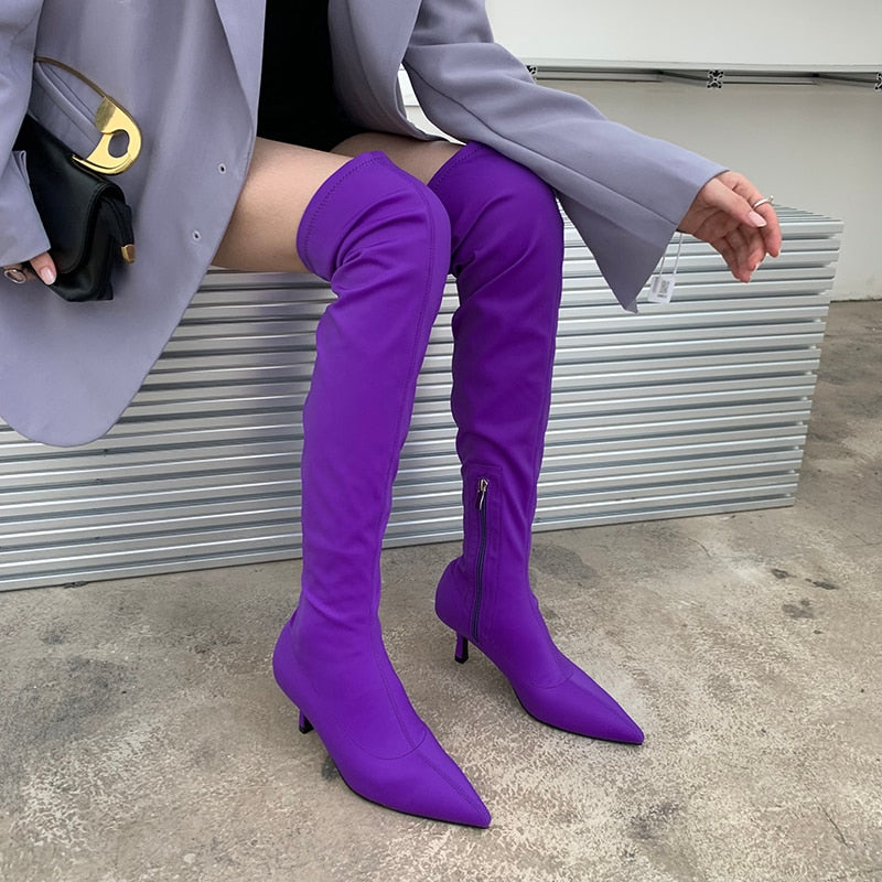 Candy Color Over-The-Knee Pointed Toe Side Zipper Green/Pink/Black/Purple Stretch Fabric Boots