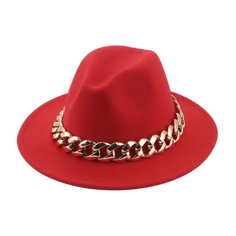 Unisex Gold Chain Design Wide Brim Panama Fedora Hat