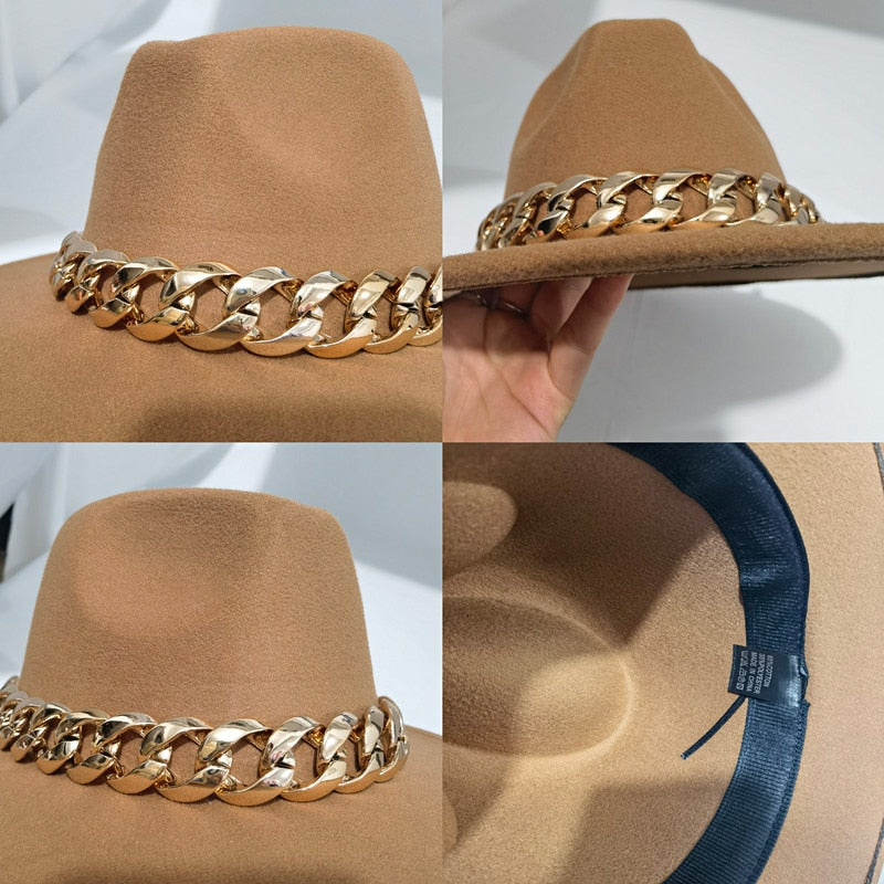 Unisex Gold Chain Design Wide Brim Panama Fedora Hat