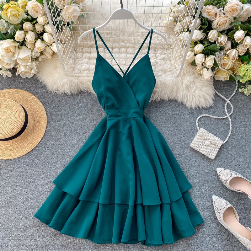 V-Neck Backless Lace Up Ruffles Cakes Solid A-line High Waist Dress