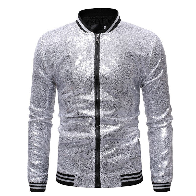 Shiny Sequin Long Sleeve Unisex Zipper Bomber Jacket