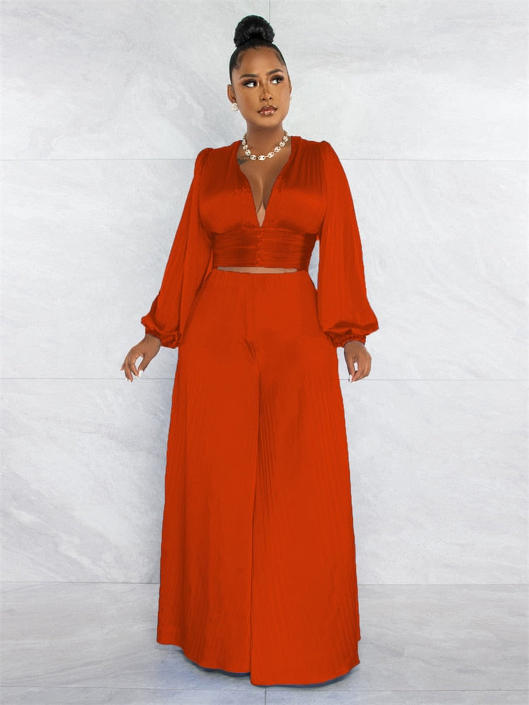 Satin Cropped Solid Women's Long Sleeve V-Neck Top & Wide Leg Pants 2-Piece Set