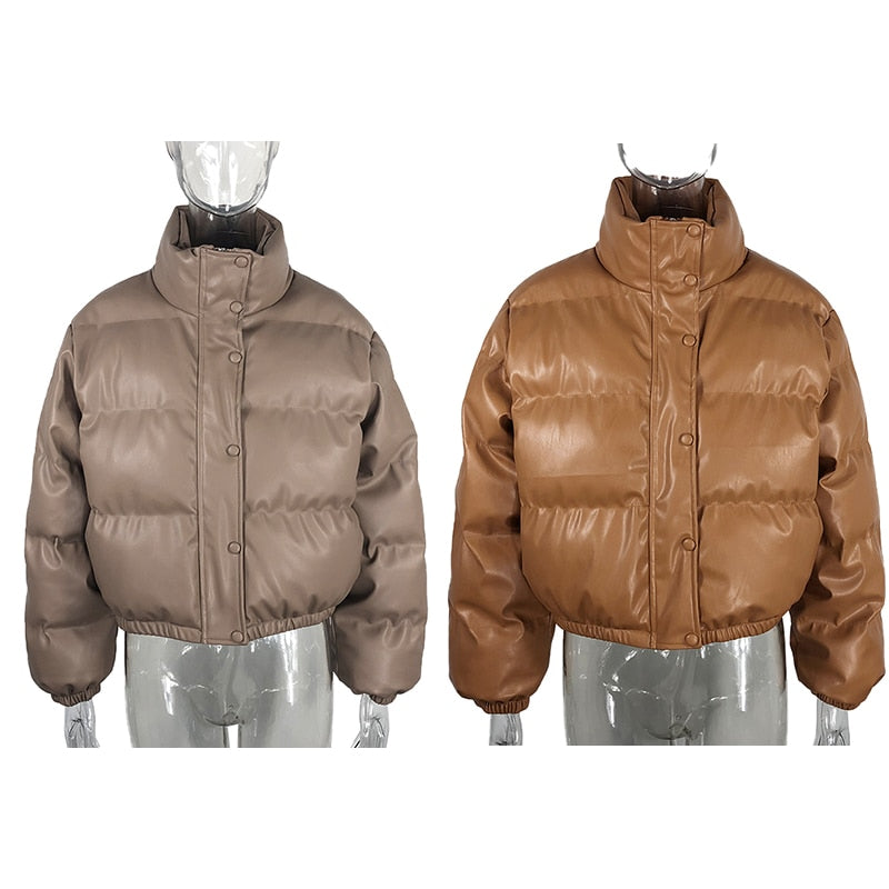 Solid Zipper PU Leather Ladies Puffer Bomber Jacket