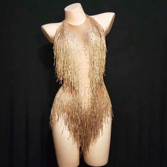 Sparkling Tassel Rhinestone Fringed Dance Leotard/Bodysuit/Performance Costume