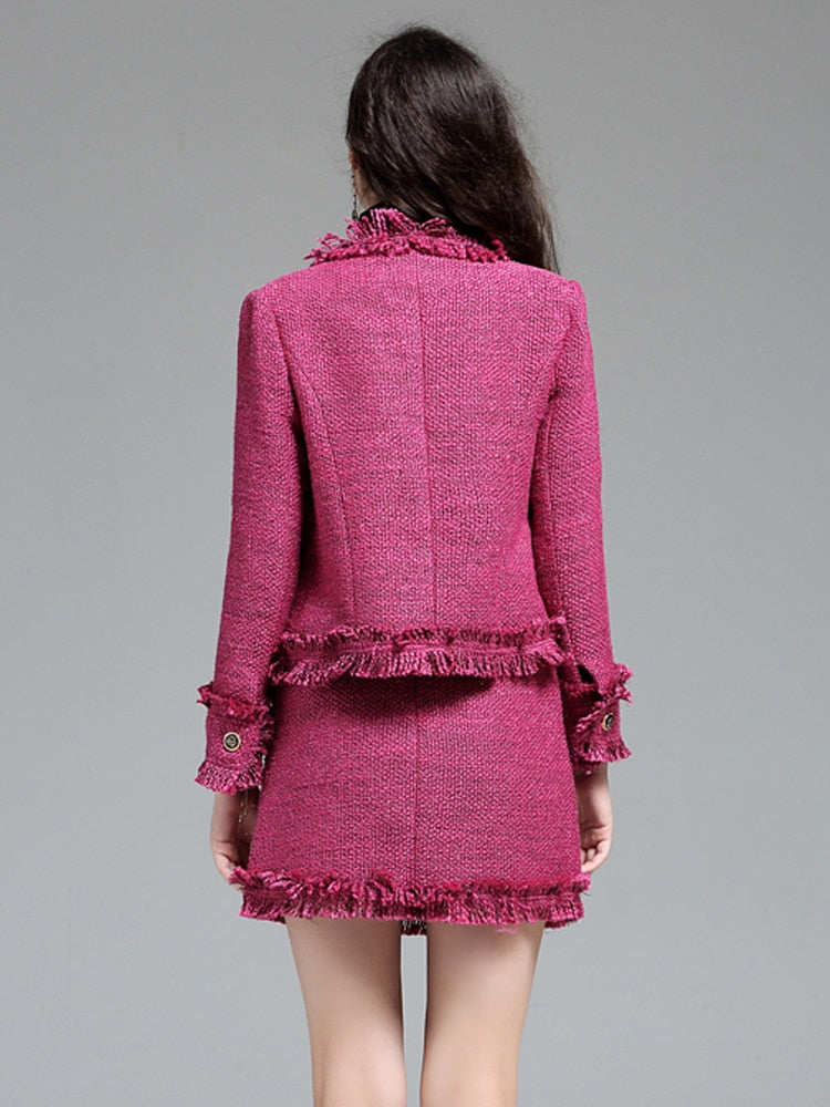 Fuschia Women's Long Sleeve Tassel Tweed Wool Blazer Jacket & Mini Skirt 2-Piece Office Suit