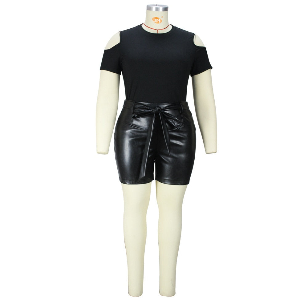 Black Solid Ladies PU Leather Shorts & Bodycon T-Shirt 2-Piece Set Plus Size to 4X