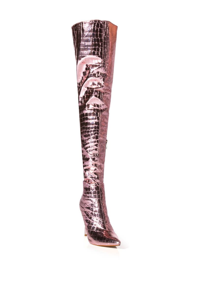 Pointed Toe Stiletto Thigh High Women's Winter Crocodile Pattern Zipper Vegan Over the Knee Boots