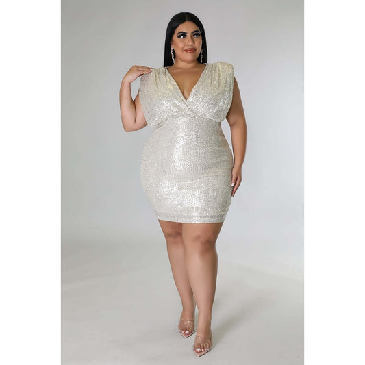 Sequin Sleeveless Deep V-Neck Hollow-Out Formal Mini Dress to 5X Plus Size