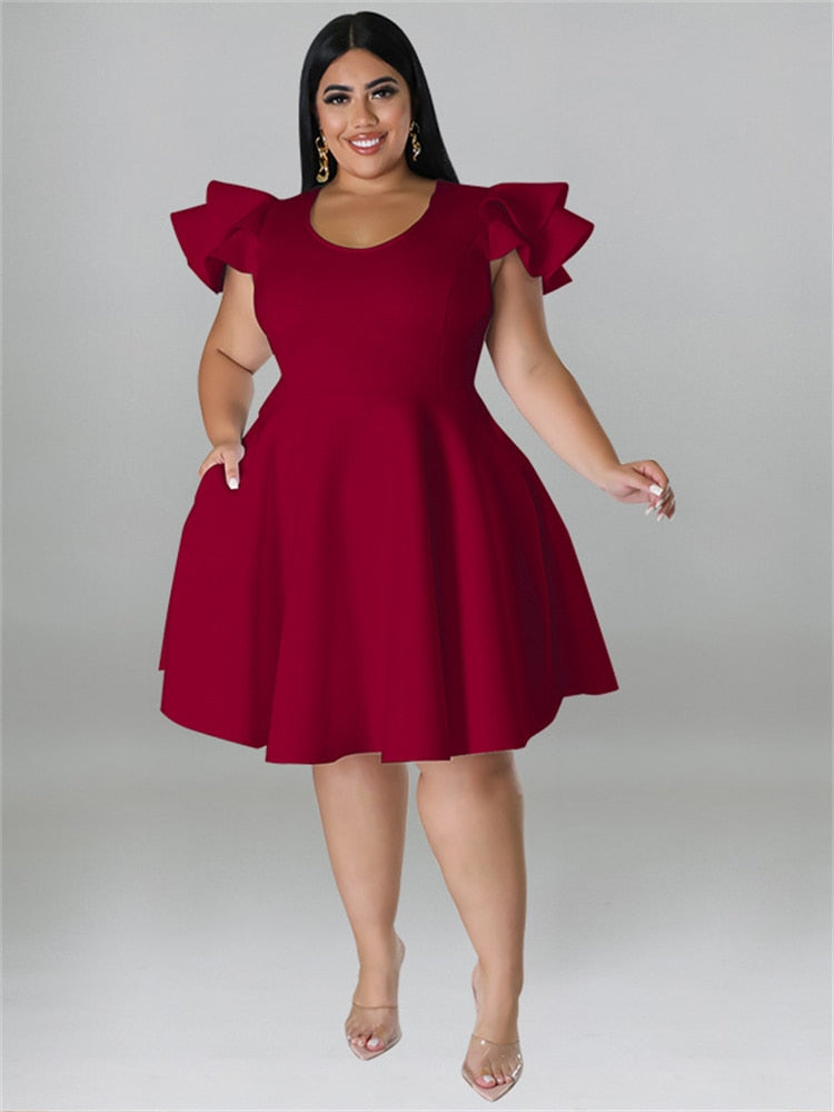 Solid Ruffle Sleeve Big Hem Midi Dress Plus to 5X