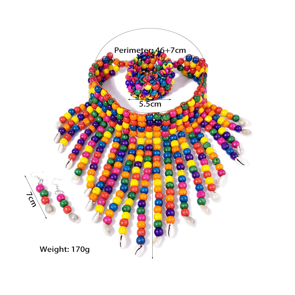 Beaded Wood Rainbow Color Bohemian Jewelry Set-Choker Necklace, Earrings & Bracelet