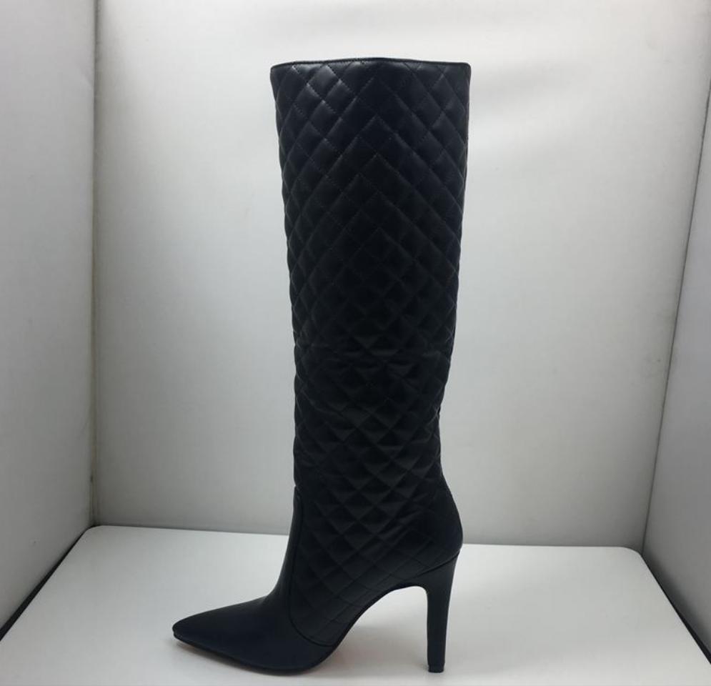 Quilted Genuine Leather Low Square Heel Knee High Boots