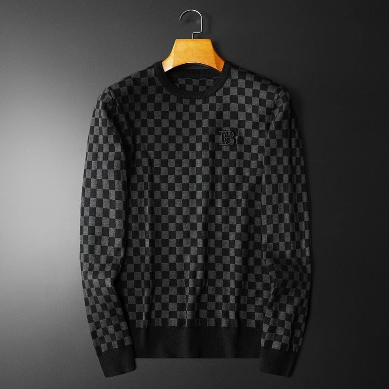 Men's Long Sleeve Lattice Contrast Color Pullover Sweater