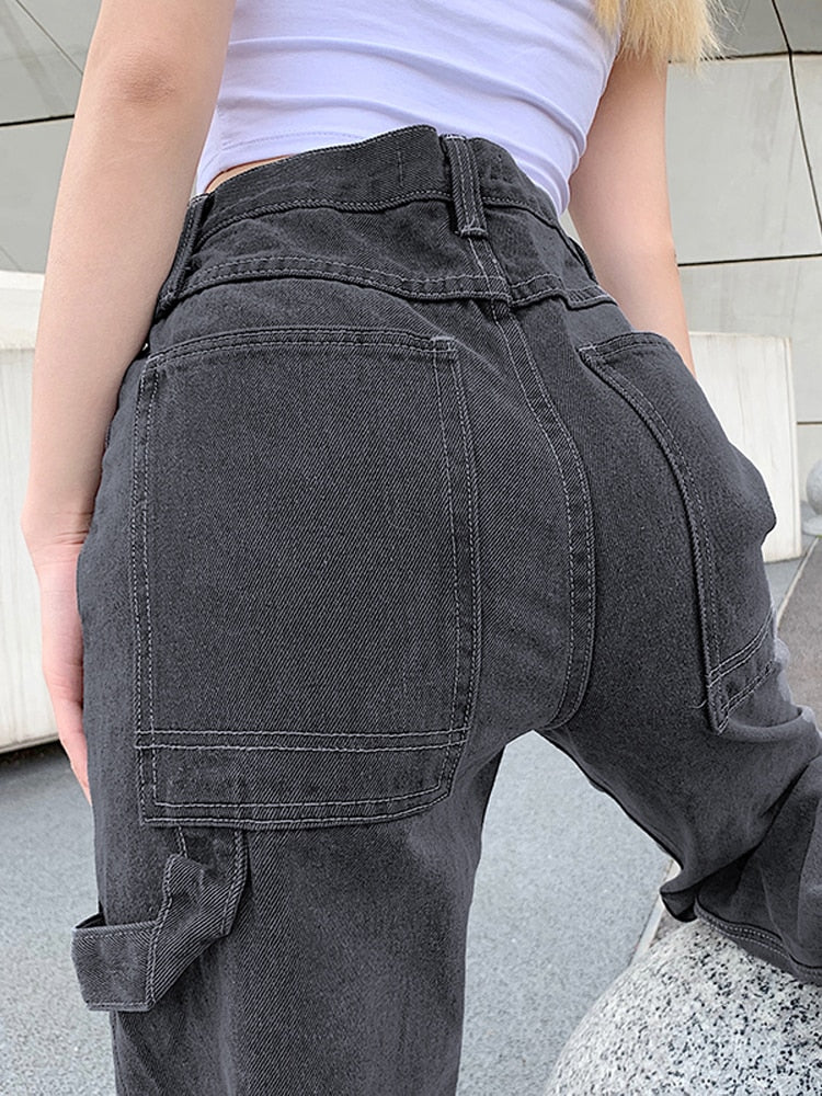 Straight Long Off Black High Waisted Denim Pocketed Women's