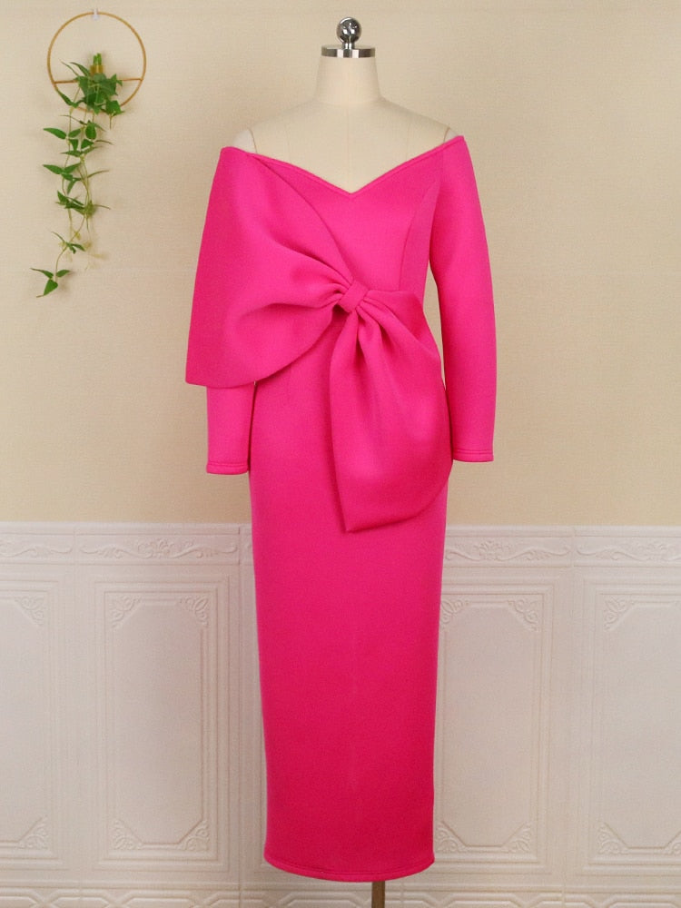 Hot Pink Oversized Bow Detail Bare Shoulder Long Sleeve Bodycon Dress to 3X