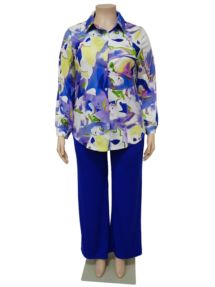 Ladies Long Sleeve Print Blouse & Wide Leg Pants 2-Piece Set Plus to 4X