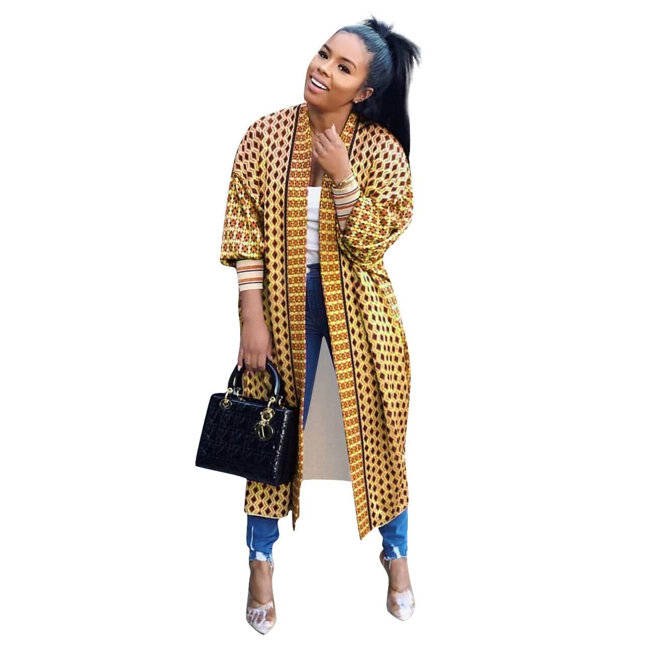 Geometric/Plaid/Leopard Print Ribbed Women's Long Sleeve Maxi Cardigan Sweater