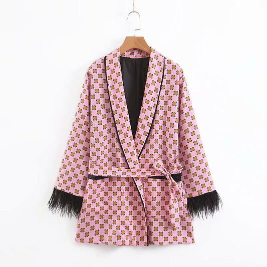 Monogram Print Kimono Jacket w/ Feather Sleeves + Wide Leg Pants Ladies 2-Piece Suit