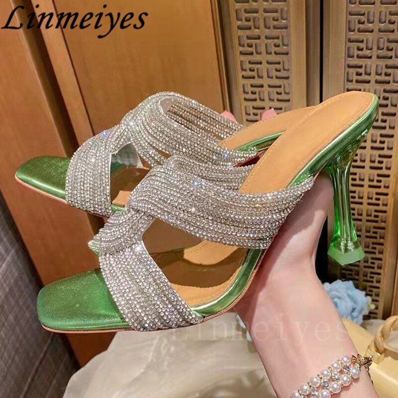 Rhinestone High Heel Peep Toe Crystal Cross Strap Mule Sandals