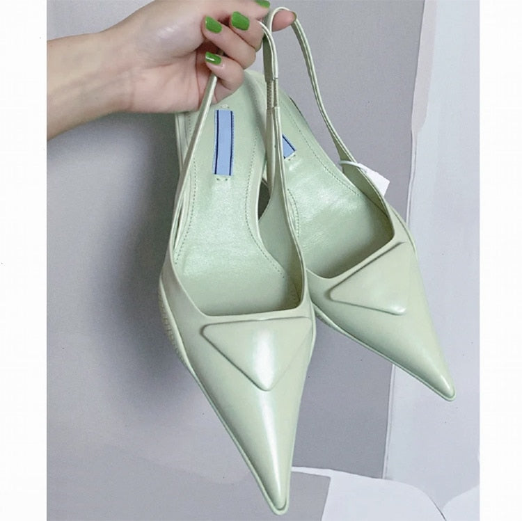 Slingback Pointed Toe Women's Triangular Metallic Kitten Mules