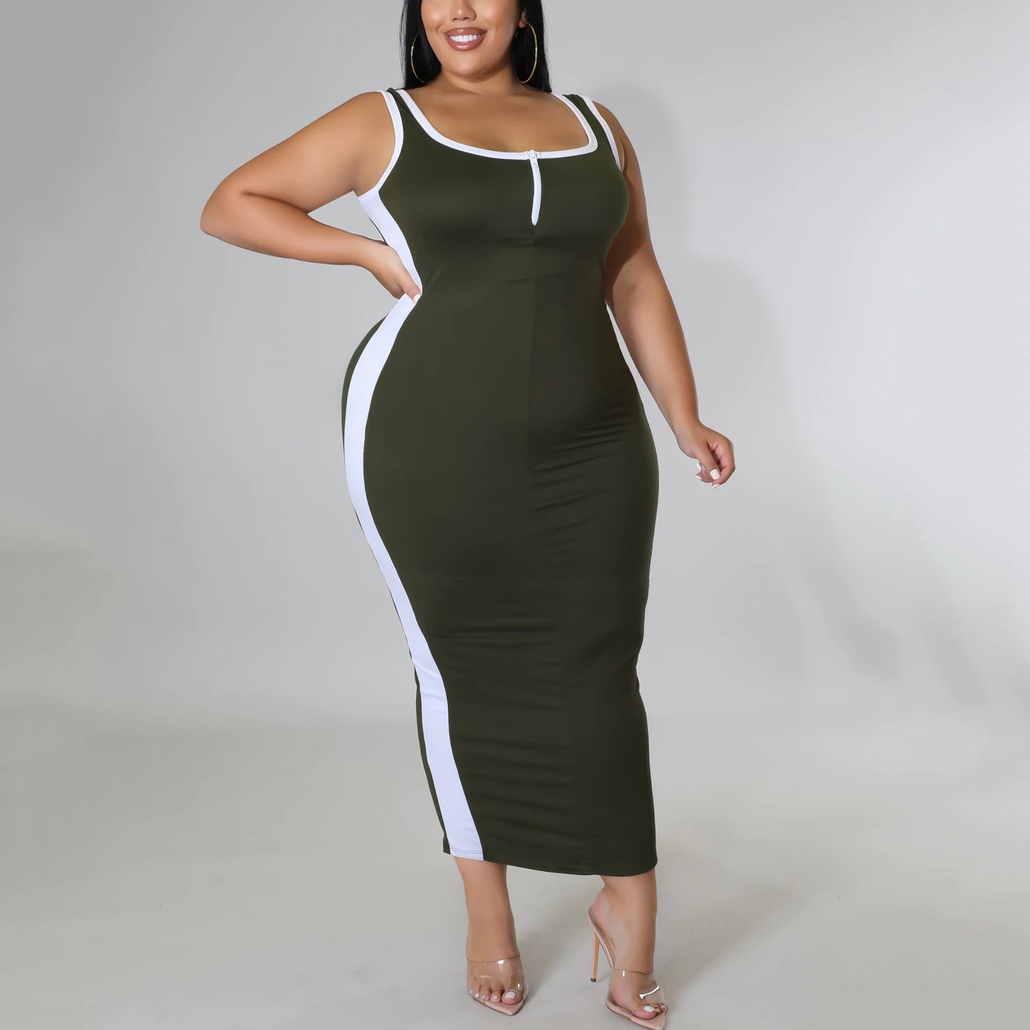 Short Sleeve Solid Side Striped Plus Size High Slit T-Shirt Dress to 5X