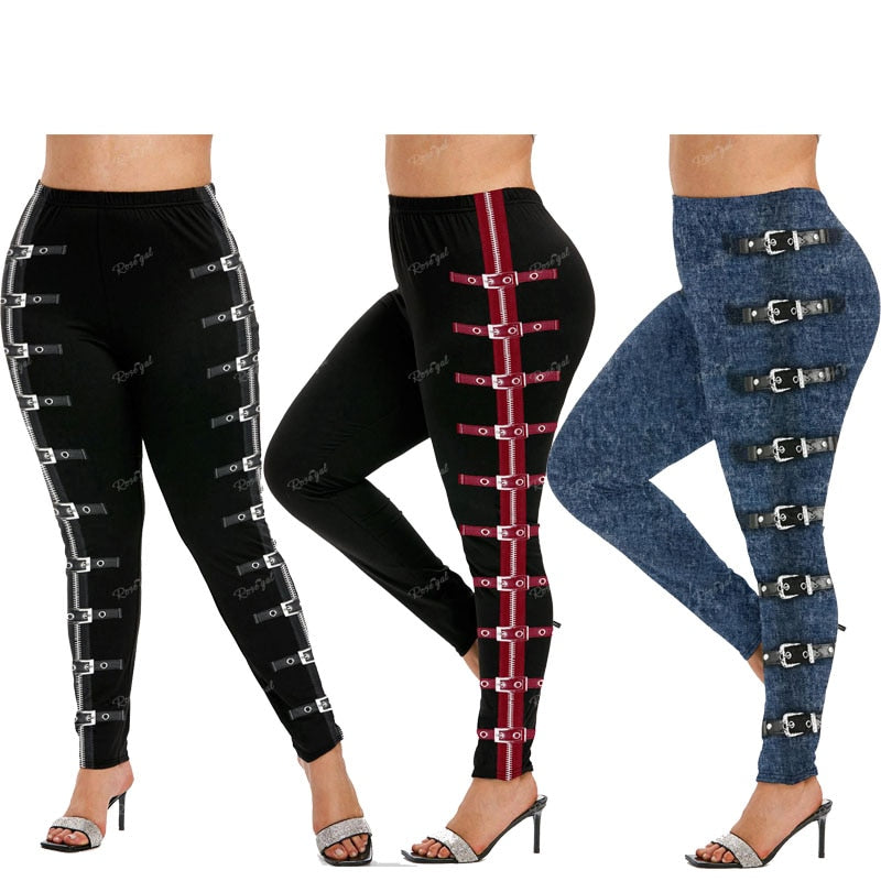 Gothic 3D Zipper Buckles Printed Oversized Skinny Leggings