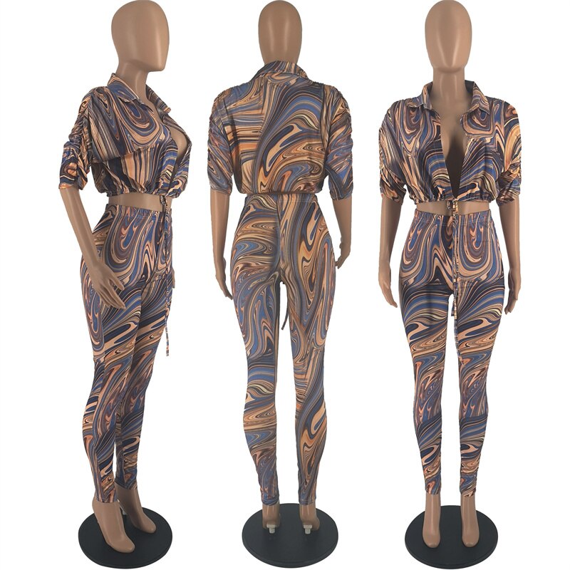 Swirl Design Print 2-Piece Set Lace-up Shirt Top + Pencil Pants