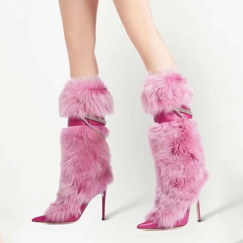 Furry Pointed Toe Metal Chain Knee High Ladies Boots