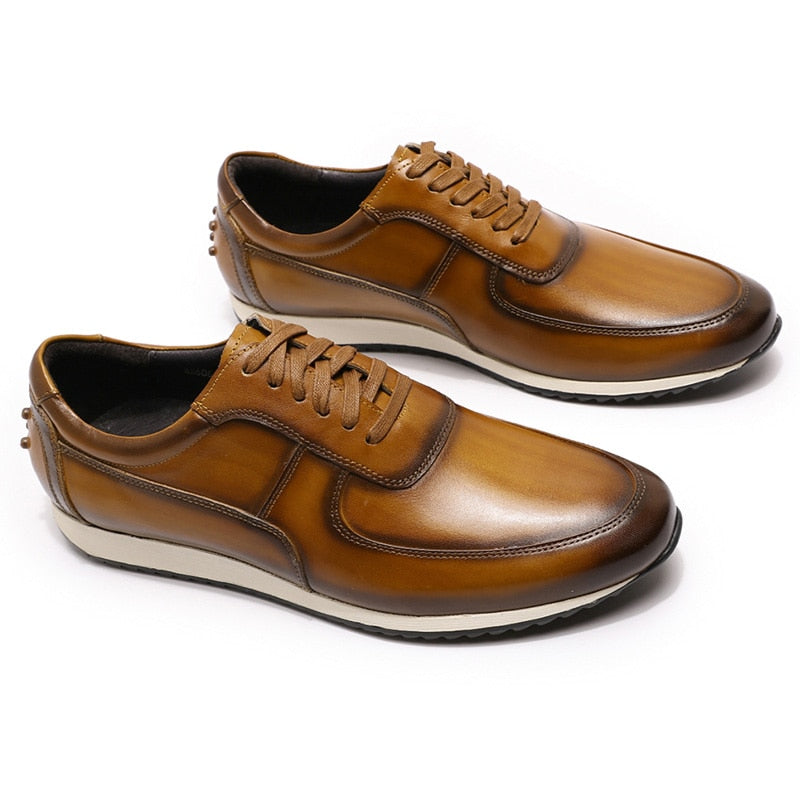 Men's Green/Brown Genuine Leather Hand Painted Oxford Lace-Up Sneakers