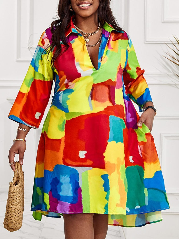 Geometric Abstract Printed V-Neck Loose Long Sleeve Shirt Dress to 4X Plus