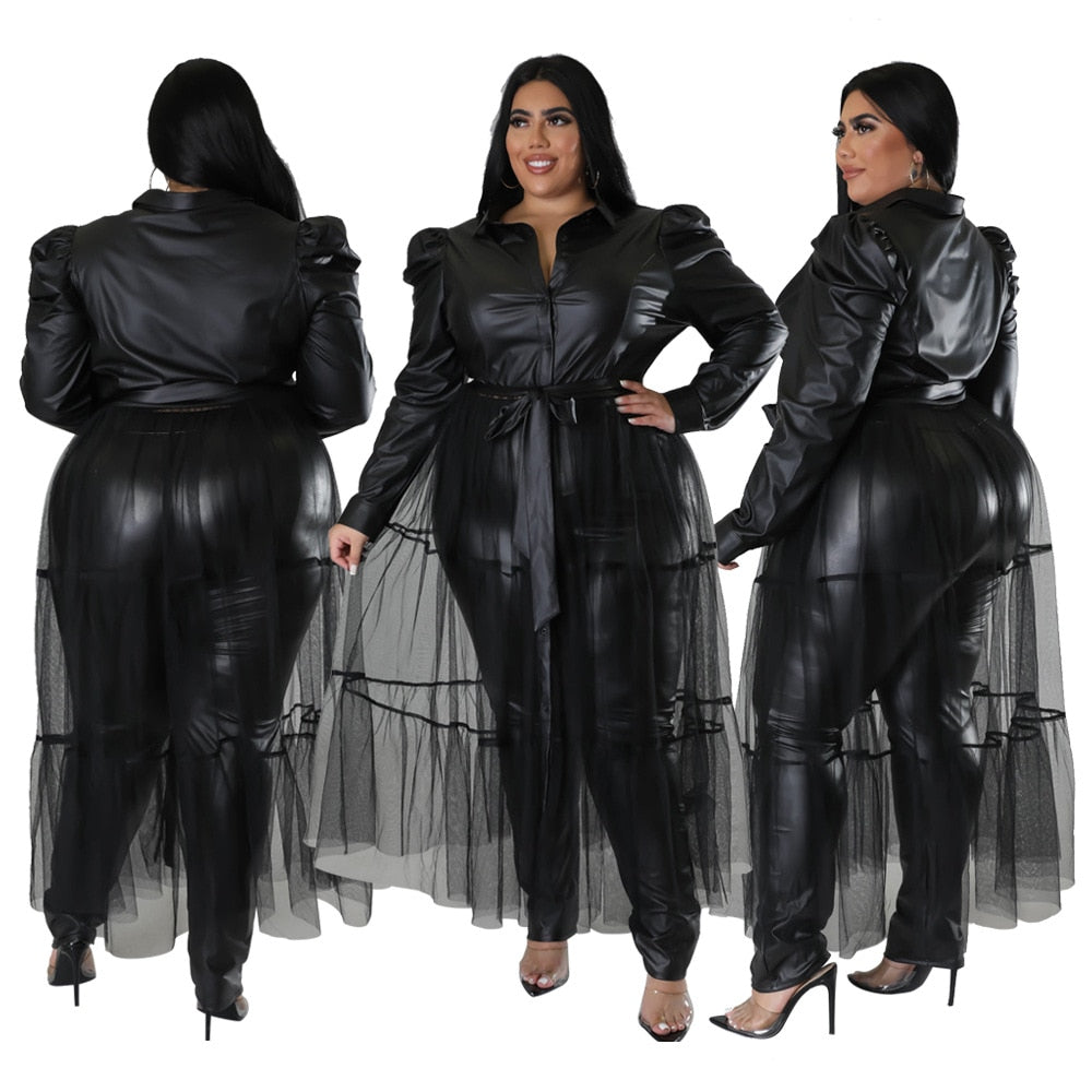 Leather Patchwork Mesh Long Sleeve Maxi Dress Plus to 4X