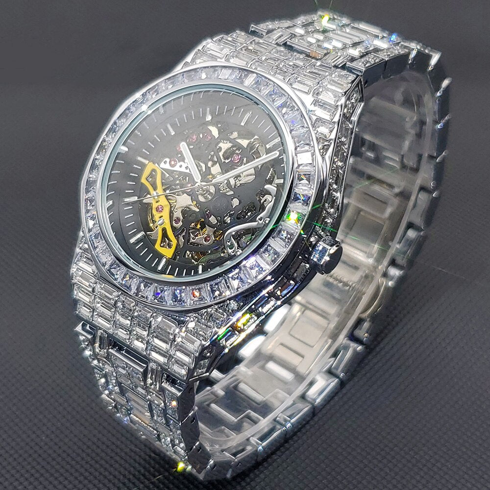 Men's Hip Hop Full Diamond Skeleton Mechanicl Iced Out Waterproof Watch