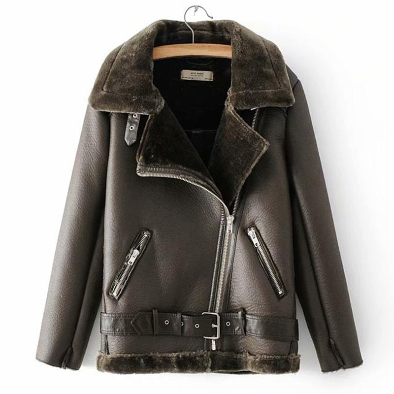 Cross Zipper Turn-Down Velvet Faux Fur Collar Biker Motorcycle Bomber Jacket w/ Belt