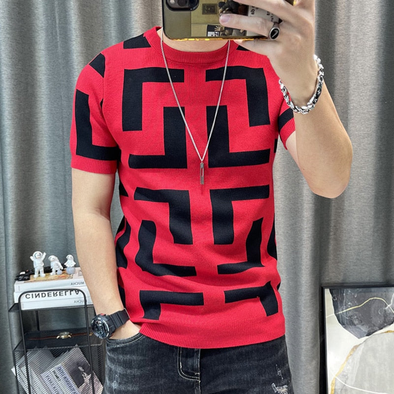 Men's Short Sleeve Knitting Color Contrast T-Shirt