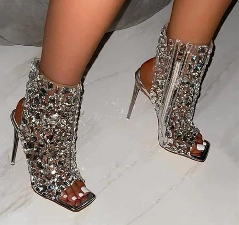 Rhinestone Open Toe Crystal Roman Stiletto Heel Square Toe Ankle Boots