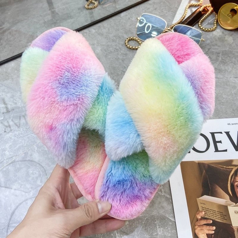 Mixed-Color Ladies Fur Slippers Rainbow Color Home Slippers