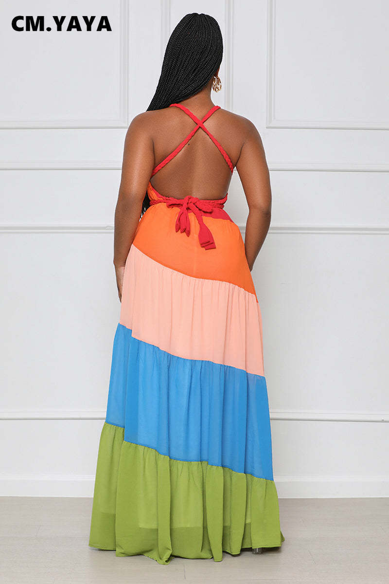 Patchwork Chiffon Halter Neck Backless Big Swing Maxi Dress