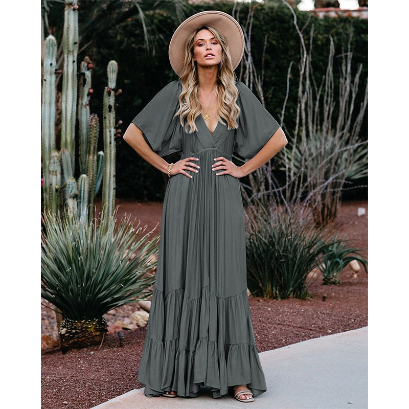 Tiered Vintage Pleated Solid Deep V-Neck Short Sleeve Maxi Dress