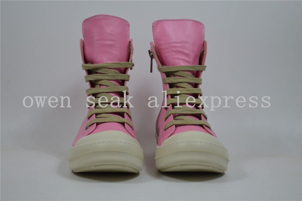 Pink Unisex Hightop Leather Motorcycle Lace Up Sneakers