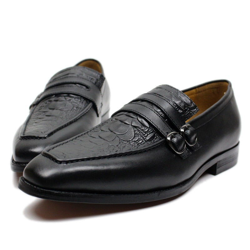 Men's Genuine Leather Crocodile Print Wedding Loafers Double Buckles Formal Slip on Mens Shoes