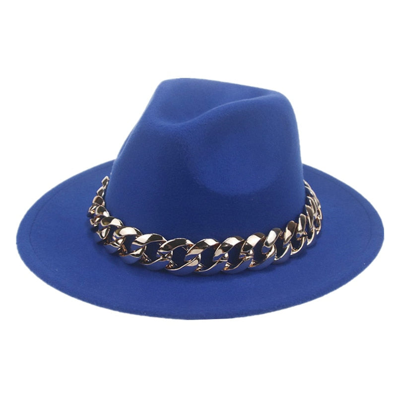 Unisex Gold Chain Design Wide Brim Panama Fedora Hat