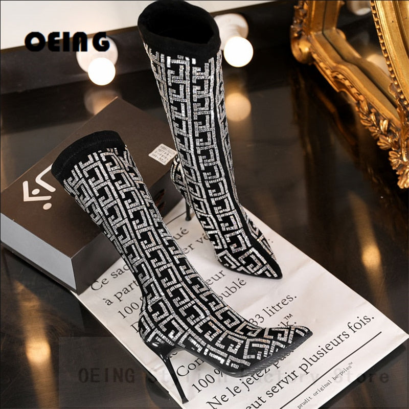 Geometric Print Pointed Toe Stiletto Rhinestone Stretch Slip On Boots