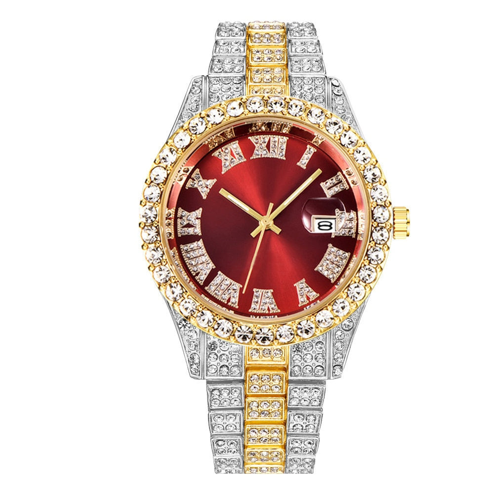 Colored Iced Out Full Diamond Around Luxury Quartz Men's Watches Silve