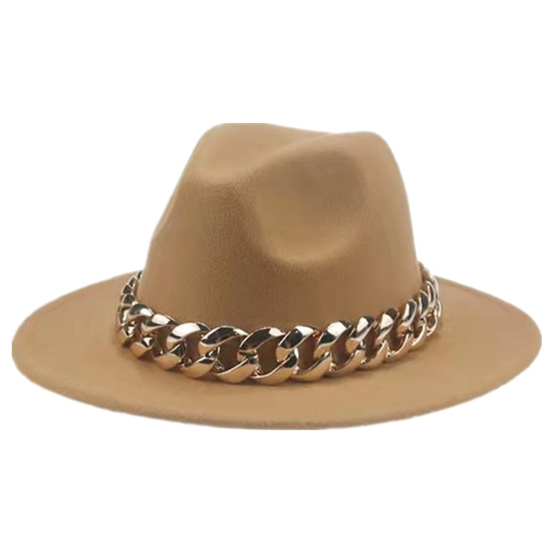 Unisex Gold Chain Design Wide Brim Panama Fedora Hat